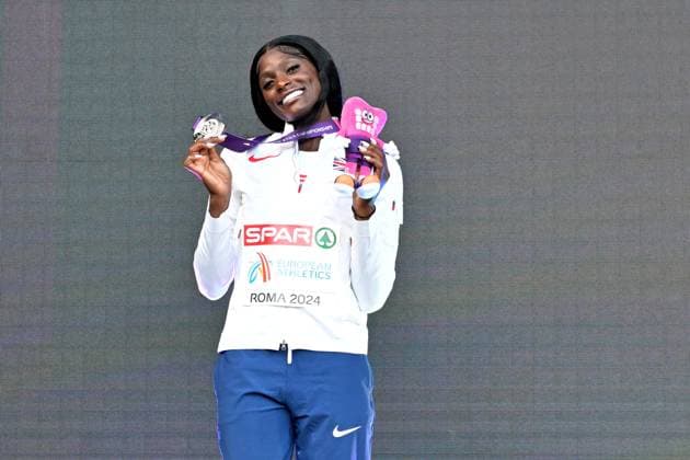 12th June 2024; Olympic Stadium, Rome, Italy; 2024 European Athletic Championships, Day 6; Daryll NEITA (GBR) celebrates after winning silver in the 200m Womens final  ActionPlus1265375820240612 AllShotLive