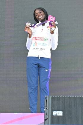 12th June 2024; Olympic Stadium, Rome, Italy; 2024 European Athletic Championships, Day 6; Daryll NEITA (GBR) celebrates after winning silver in the 200m Womens final  ActionPlus1265375920240612 AllShotLive