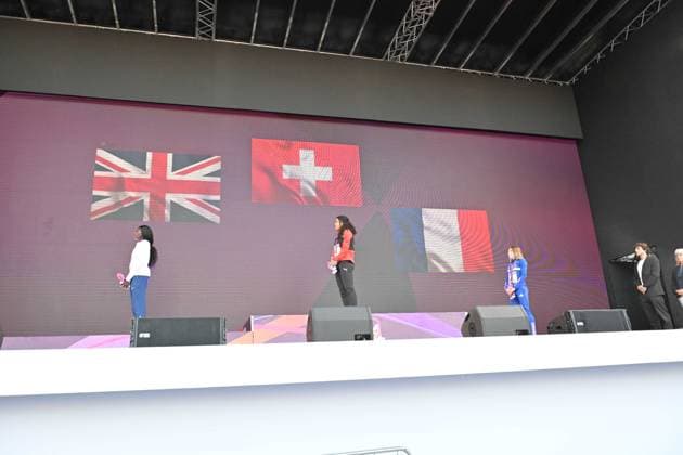 12th June 2024; Olympic Stadium, Rome, Italy; 2024 European Athletic Championships, Day 6; Medal celebrations for Mujinga KAMBUNDJI (SUI) gold medal, Daryll NEITA (GBR) silver and Helene Parisot with bronze in the 200m Womens final  ActionPlus1265376220240612 AllShotLive