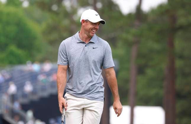Rory McElroy of Northern Ireland reacts after putting during a practice round at the 124th U.S. Open golf championship at Pinehurst Resort & Country Club in Pinehurst, N.C. on Wednesday, June 12, 2024.  NCP20240612124 JOHNxANGELILLO