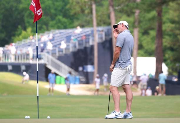 Rory McElroy of Northern Ireland reacts after putting during a practice round at the 124th U.S. Open golf championship at Pinehurst Resort & Country Club in Pinehurst, N.C. on Wednesday, June 12, 2024.  NCP20240612125 JOHNxANGELILLO