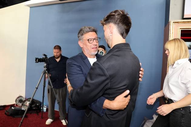 12 06 24 VfB Stuttgart premiere event documentary VfBinTeam as cinema film Germany, Leonberg, 12 06 2024, Football, Bundesliga, VfB Stuttgart, premiere event documentary VfBinTeam as cinema film at Traumpalast Kino Leonberg v l Claus Vogt, Atakan Karazor