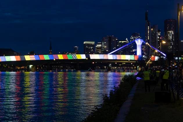 Raft bridge lightshow Frankfurt am Main for the opening of the Fan Mile, 12 06 2024 Raft bridge lightshow Frankfurt, Frankfurt am Main, Weseler Werft, 12 6 2024 Copyright: xBEAUTIFULxSPORTS Gawlikx