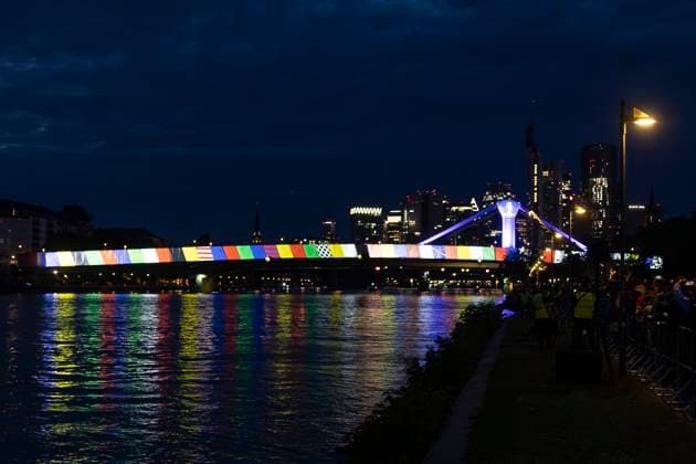 Raft bridge lightshow Frankfurt am Main for the opening of the Fan Mile, 12 06 2024 Raft bridge lightshow Frankfurt, Frankfurt am Main, Weseler Werft, 12 6 2024 Copyright: xBEAUTIFULxSPORTS Gawlikx