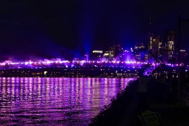 Raft bridge lightshow Frankfurt am Main for the opening of the Fan Mile, 12 06 2024 Raft bridge lightshow Frankfurt, Frankfurt am Main, Weseler Werft, 12 6 2024 Copyright: xBEAUTIFULxSPORTS Gawlikx