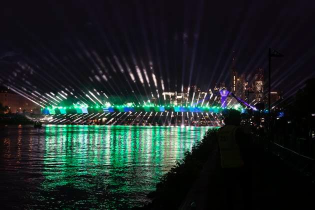 Raft bridge lightshow Frankfurt am Main for the opening of the Fan Mile, 12 06 2024 Raft bridge lightshow Frankfurt, Frankfurt am Main, Weseler Werft, 12 6 2024 Copyright: xBEAUTIFULxSPORTS Gawlikx