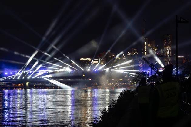 Raft bridge lightshow Frankfurt am Main for the opening of the Fan Mile, 12 06 2024 Raft bridge lightshow Frankfurt, Frankfurt am Main, Weseler Werft, 12 6 2024 Copyright: xBEAUTIFULxSPORTS Gawlikx