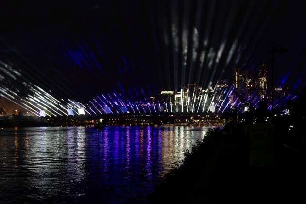Raft bridge lightshow Frankfurt am Main for the opening of the Fan Mile, 12 06 2024 Raft bridge lightshow Frankfurt, Frankfurt am Main, Weseler Werft, 12 6 2024 Copyright: xBEAUTIFULxSPORTS Gawlikx