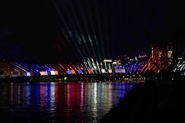 Raft bridge lightshow Frankfurt am Main for the opening of the Fan Mile, 12 06 2024 Raft bridge lightshow Frankfurt, Frankfurt am Main, Weseler Werft, 12 6 2024 Copyright: xBEAUTIFULxSPORTS Gawlikx