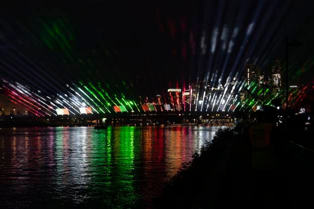 Raft bridge lightshow Frankfurt am Main for the opening of the Fan Mile, 12 06 2024 Raft bridge lightshow Frankfurt, Frankfurt am Main, Weseler Werft, 12 6 2024 Copyright: xBEAUTIFULxSPORTS Gawlikx