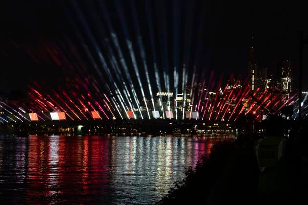 Raft bridge lightshow Frankfurt am Main for the opening of the Fan Mile, 12 06 2024 Raft bridge lightshow Frankfurt, Frankfurt am Main, Weseler Werft, 12 6 2024 Copyright: xBEAUTIFULxSPORTS Gawlikx