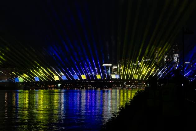 Raft bridge lightshow Frankfurt am Main for the opening of the Fan Mile, 12 06 2024 Raft bridge lightshow Frankfurt, Frankfurt am Main, Weseler Werft, 12 6 2024 Copyright: xBEAUTIFULxSPORTS Gawlikx