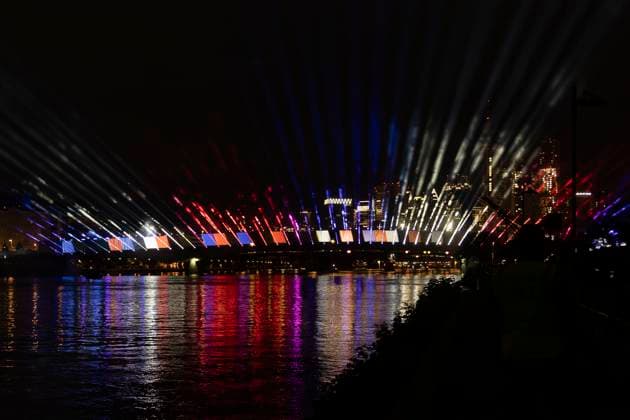 Raft bridge lightshow Frankfurt am Main for the opening of the Fan Mile, 12 06 2024 Raft bridge lightshow Frankfurt, Frankfurt am Main, Weseler Werft, 12 6 2024 Copyright: xBEAUTIFULxSPORTS Gawlikx