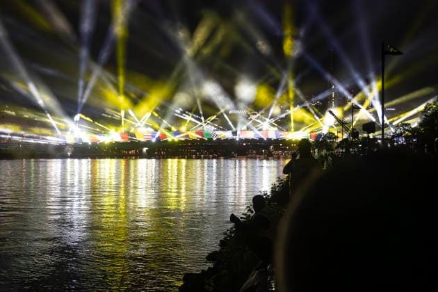 Raft bridge lightshow Frankfurt am Main for the opening of the Fan Mile, 12 06 2024 Raft bridge lightshow Frankfurt, Frankfurt am Main, Weseler Werft, 12 6 2024 Copyright: xBEAUTIFULxSPORTS Gawlikx