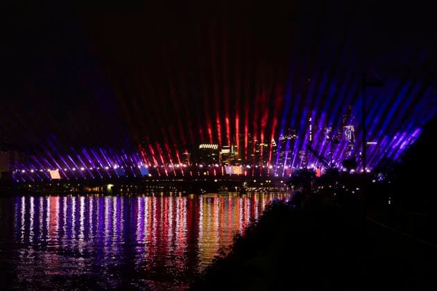 Raft bridge lightshow Frankfurt am Main for the opening of the Fan Mile, 12 06 2024 Raft bridge lightshow Frankfurt, Frankfurt am Main, Weseler Werft, 12 6 2024 Copyright: xBEAUTIFULxSPORTS Gawlikx