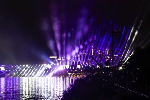Raft bridge lightshow Frankfurt am Main for the opening of the Fan Mile, 12 06 2024 Raft bridge lightshow Frankfurt, Frankfurt am Main, Weseler Werft, 12 6 2024 Copyright: xBEAUTIFULxSPORTS Gawlikx
