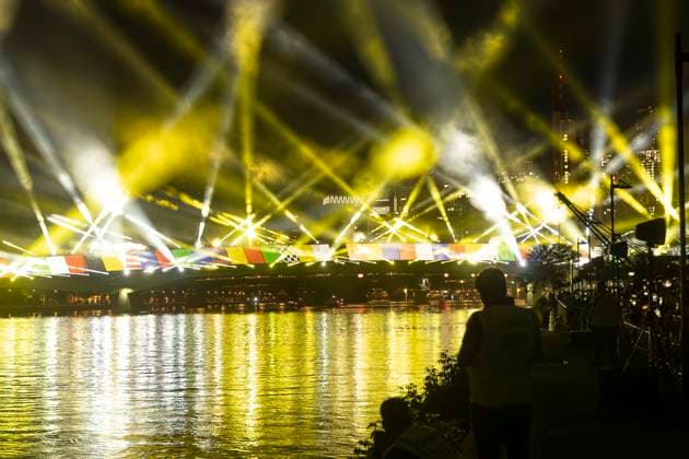 Raft bridge lightshow Frankfurt am Main for the opening of the Fan Mile, 12 06 2024 Raft bridge lightshow Frankfurt, Frankfurt am Main, Weseler Werft, 12 6 2024 Copyright: xBEAUTIFULxSPORTS Gawlikx