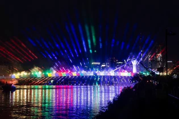 Raft bridge lightshow Frankfurt am Main for the opening of the Fan Mile, 12 06 2024 Raft bridge lightshow Frankfurt, Frankfurt am Main, Weseler Werft, 12 6 2024 Copyright: xBEAUTIFULxSPORTS Gawlikx