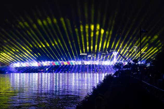Raft bridge lightshow Frankfurt am Main for the opening of the Fan Mile, 12 06 2024 Raft bridge lightshow Frankfurt, Frankfurt am Main, Weseler Werft, 12 6 2024 Copyright: xBEAUTIFULxSPORTS Gawlikx