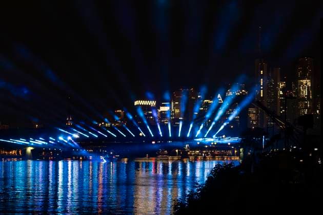 Raft bridge lightshow Frankfurt am Main for the opening of the Fan Mile, 12 06 2024 Raft bridge lightshow Frankfurt, Frankfurt am Main, Weseler Werft, 12 6 2024 Copyright: xBEAUTIFULxSPORTS Gawlikx