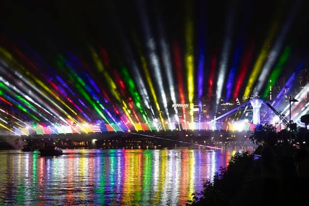 Raft bridge lightshow Frankfurt am Main for the opening of the Fan Mile, 12 06 2024 Raft bridge lightshow Frankfurt, Frankfurt am Main, Weseler Werft, 12 6 2024 Copyright: xBEAUTIFULxSPORTS Gawlikx