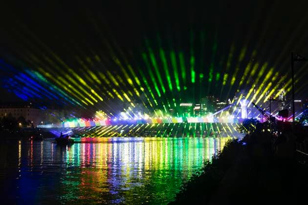 Raft bridge lightshow Frankfurt am Main for the opening of the Fan Mile, 12 06 2024 Raft bridge lightshow Frankfurt, Frankfurt am Main, Weseler Werft, 12 6 2024 Copyright: xBEAUTIFULxSPORTS Gawlikx