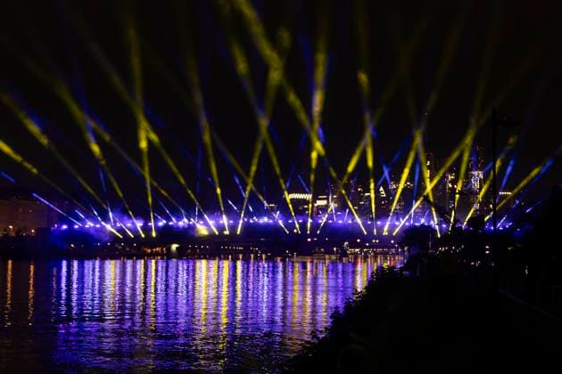 Raft bridge lightshow Frankfurt am Main for the opening of the Fan Mile, 12 06 2024 Raft bridge lightshow Frankfurt, Frankfurt am Main, Weseler Werft, 12 6 2024 Copyright: xBEAUTIFULxSPORTS Gawlikx