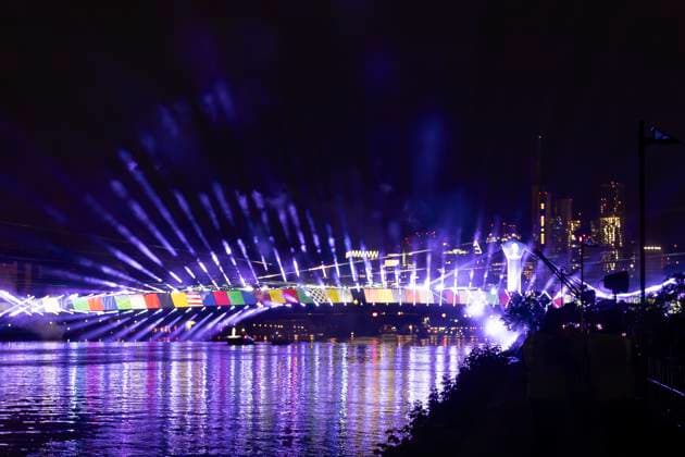 Raft bridge lightshow Frankfurt am Main for the opening of the Fan Mile, 12 06 2024 Raft bridge lightshow Frankfurt, Frankfurt am Main, Weseler Werft, 12 6 2024 Copyright: xBEAUTIFULxSPORTS Gawlikx