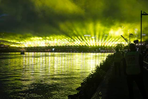 Raft bridge lightshow Frankfurt am Main for the opening of the Fan Mile, 12 06 2024 Raft bridge lightshow Frankfurt, Frankfurt am Main, Weseler Werft, 12 6 2024 Copyright: xBEAUTIFULxSPORTS Gawlikx