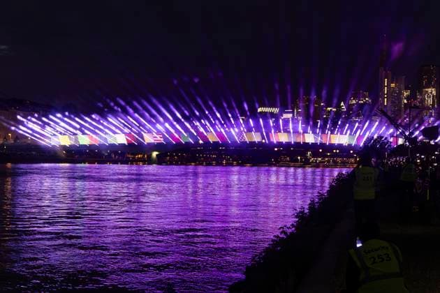 Raft bridge lightshow Frankfurt am Main for the opening of the Fan Mile, 12 06 2024 Raft bridge lightshow Frankfurt, Frankfurt am Main, Weseler Werft, 12 6 2024 Copyright: xBEAUTIFULxSPORTS Gawlikx