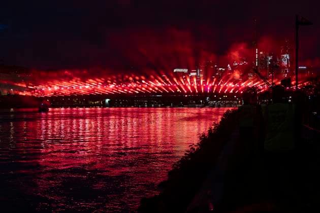Raft bridge lightshow Frankfurt am Main for the opening of the Fan Mile, 12 06 2024 Raft bridge lightshow Frankfurt, Frankfurt am Main, Weseler Werft, 12 6 2024 Copyright: xBEAUTIFULxSPORTS Gawlikx
