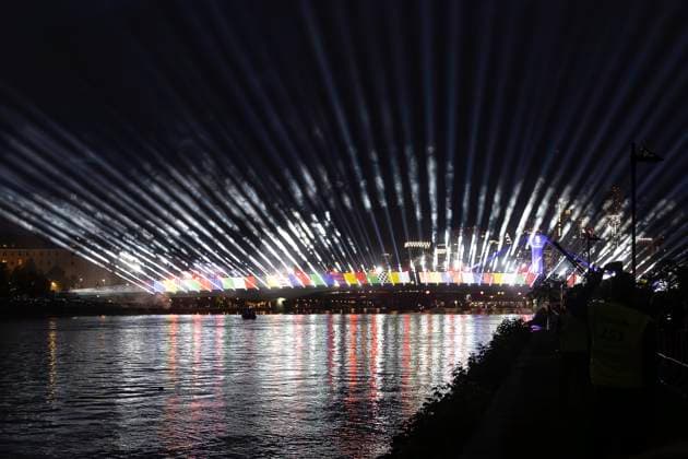 Raft bridge lightshow Frankfurt am Main for the opening of the Fan Mile, 12 06 2024 Raft bridge lightshow Frankfurt, Frankfurt am Main, Weseler Werft, 12 6 2024 Copyright: xBEAUTIFULxSPORTS Gawlikx