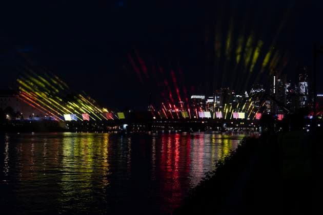 Raft bridge lightshow Frankfurt am Main for the opening of the Fan Mile, 12 06 2024 Raft bridge lightshow Frankfurt, Frankfurt am Main, Weseler Werft, 12 6 2024 Copyright: xBEAUTIFULxSPORTS Gawlikx