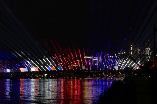 Raft bridge lightshow Frankfurt am Main for the opening of the Fan Mile, 12 06 2024 Raft bridge lightshow Frankfurt, Frankfurt am Main, Weseler Werft, 12 6 2024 Copyright: xBEAUTIFULxSPORTS Gawlikx