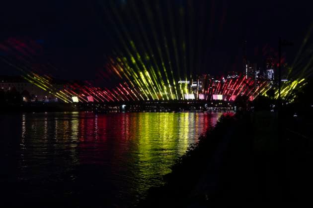 Raft bridge lightshow Frankfurt am Main for the opening of the Fan Mile, 12 06 2024 Raft bridge lightshow Frankfurt, Frankfurt am Main, Weseler Werft, 12 6 2024 Copyright: xBEAUTIFULxSPORTS Gawlikx