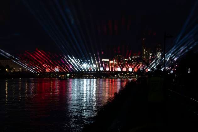 Raft bridge lightshow Frankfurt am Main for the opening of the Fan Mile, 12 06 2024 Raft bridge lightshow Frankfurt, Frankfurt am Main, Weseler Werft, 12 6 2024 Copyright: xBEAUTIFULxSPORTS Gawlikx