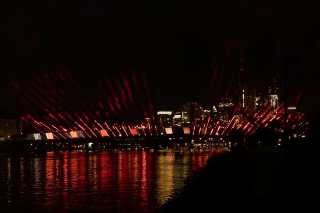Raft bridge lightshow Frankfurt am Main for the opening of the Fan Mile, 12 06 2024 Raft bridge lightshow Frankfurt, Frankfurt am Main, Weseler Werft, 12 6 2024 Copyright: xBEAUTIFULxSPORTS Gawlikx