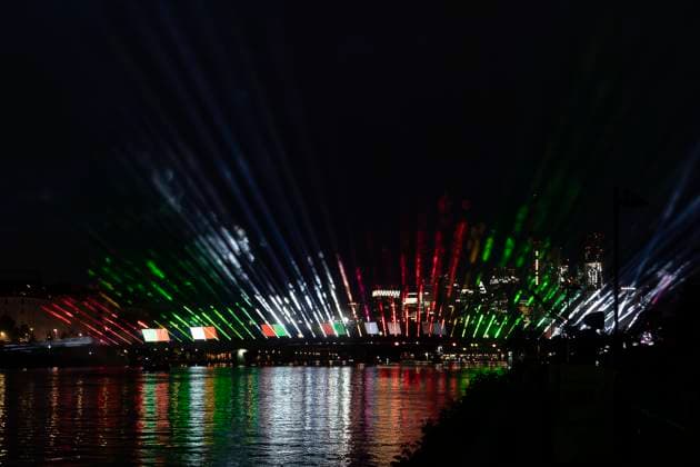 Raft bridge lightshow Frankfurt am Main for the opening of the Fan Mile, 12 06 2024 Raft bridge lightshow Frankfurt, Frankfurt am Main, Weseler Werft, 12 6 2024 Copyright: xBEAUTIFULxSPORTS Gawlikx