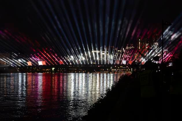 Raft bridge lightshow Frankfurt am Main for the opening of the Fan Mile, 12 06 2024 Raft bridge lightshow Frankfurt, Frankfurt am Main, Weseler Werft, 12 6 2024 Copyright: xBEAUTIFULxSPORTS Gawlikx