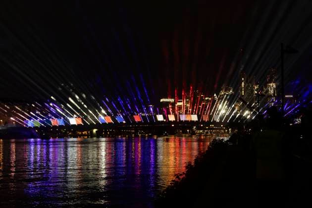 Raft bridge lightshow Frankfurt am Main for the opening of the Fan Mile, 12 06 2024 Raft bridge lightshow Frankfurt, Frankfurt am Main, Weseler Werft, 12 6 2024 Copyright: xBEAUTIFULxSPORTS Gawlikx