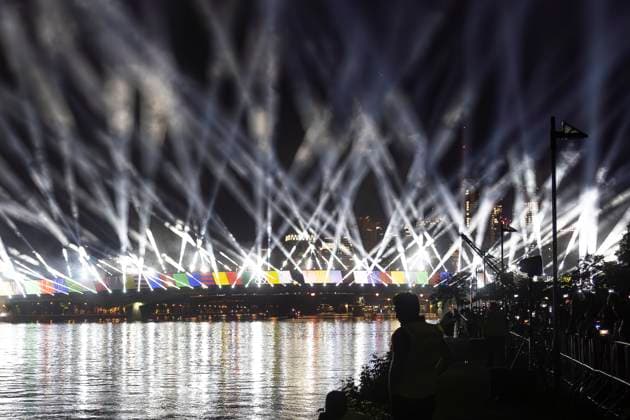 Raft bridge lightshow Frankfurt am Main for the opening of the Fan Mile, 12 06 2024 Raft bridge lightshow Frankfurt, Frankfurt am Main, Weseler Werft, 12 6 2024 Copyright: xBEAUTIFULxSPORTS Gawlikx