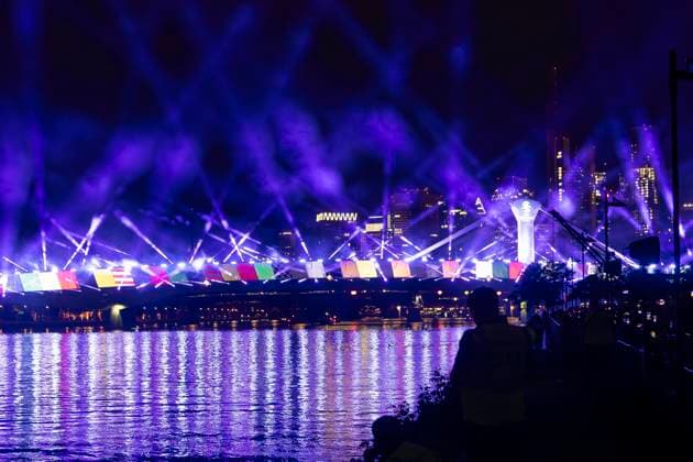 Raft bridge lightshow Frankfurt am Main for the opening of the Fan Mile, 12 06 2024 Raft bridge lightshow Frankfurt, Frankfurt am Main, Weseler Werft, 12 6 2024 Copyright: xBEAUTIFULxSPORTS Gawlikx