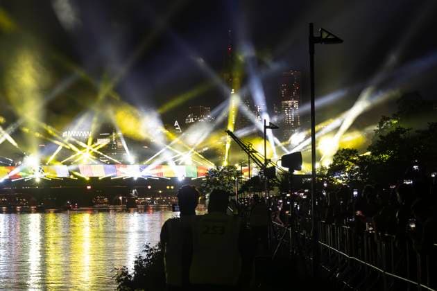 Raft bridge lightshow Frankfurt am Main for the opening of the Fan Mile, 12 06 2024 Raft bridge lightshow Frankfurt, Frankfurt am Main, Weseler Werft, 12 6 2024 Copyright: xBEAUTIFULxSPORTS Gawlikx