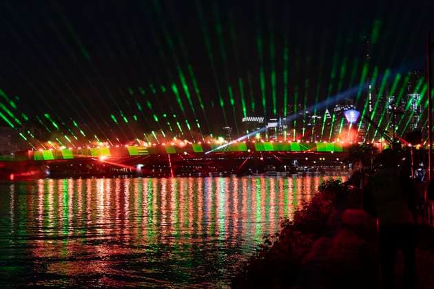 Raft bridge lightshow Frankfurt am Main for the opening of the Fan Mile, 12 06 2024 Raft bridge lightshow Frankfurt, Frankfurt am Main, Weseler Werft, 12 6 2024 Copyright: xBEAUTIFULxSPORTS Gawlikx