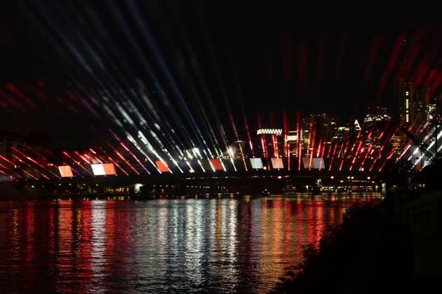 Raft bridge lightshow Frankfurt am Main for the opening of the Fan Mile, 12 06 2024 Raft bridge lightshow Frankfurt, Frankfurt am Main, Weseler Werft, 12 6 2024 Copyright: xBEAUTIFULxSPORTS Gawlikx