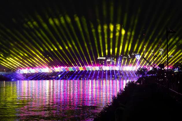 Raft bridge lightshow Frankfurt am Main for the opening of the Fan Mile, 12 06 2024 Raft bridge lightshow Frankfurt, Frankfurt am Main, Weseler Werft, 12 6 2024 Copyright: xBEAUTIFULxSPORTS Gawlikx