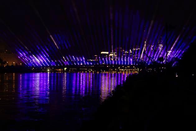 Raft bridge lightshow Frankfurt am Main for the opening of the Fan Mile, 12 06 2024 Raft bridge lightshow Frankfurt, Frankfurt am Main, Weseler Werft, 12 6 2024 Copyright: xBEAUTIFULxSPORTS Gawlikx