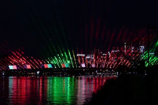 Raft bridge lightshow Frankfurt am Main for the opening of the Fan Mile, 12 06 2024 Raft bridge lightshow Frankfurt, Frankfurt am Main, Weseler Werft, 12 6 2024 Copyright: xBEAUTIFULxSPORTS Gawlikx