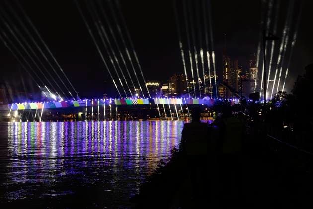 Raft bridge lightshow Frankfurt am Main for the opening of the Fan Mile, 12 06 2024 Raft bridge lightshow Frankfurt, Frankfurt am Main, Weseler Werft, 12 6 2024 Copyright: xBEAUTIFULxSPORTS Gawlikx
