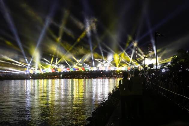 Raft bridge lightshow Frankfurt am Main for the opening of the Fan Mile, 12 06 2024 Raft bridge lightshow Frankfurt, Frankfurt am Main, Weseler Werft, 12 6 2024 Copyright: xBEAUTIFULxSPORTS Gawlikx